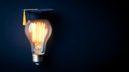 Graduation Cap Light Bulb on Dark Blue Background – Symbol of Education and Academic Inspiration
