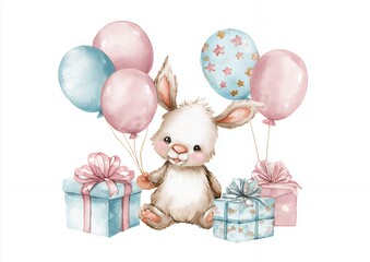 Cute Watercolor Bunny with Pastel Balloons and Gifts