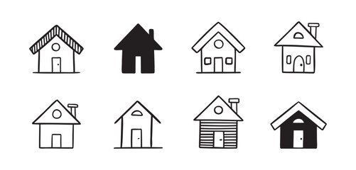 House doodle hand drawn icon set. Outline drawing cute simple homes line clipart symbol collection