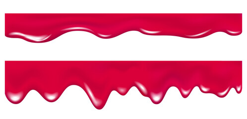 Realistic pink drip cream drops, marmalade, jelly or yogurt border.