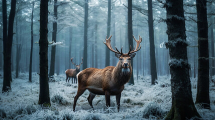 Two Majestic Red Deer Stags in Frosty Winter Forest with Mist and Pine Trees  Photorealistic Wildlife Scene