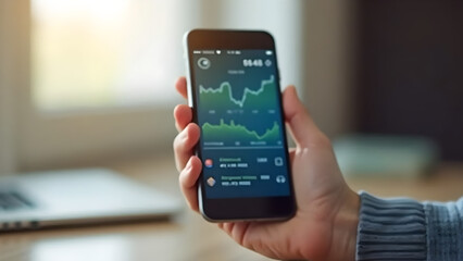Blurred image of mobile smartphone with mobile banking app. Financial data blurred on screen. Concept of secure and modern financial lifestyle.