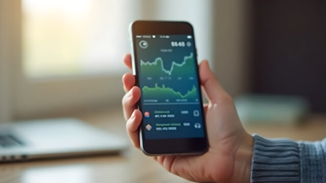 Blurred image of mobile smartphone with mobile banking app. Financial data blurred on screen. Concept of secure and modern financial lifestyle.