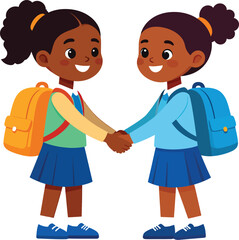 Flat cartoon vector illustration of happy, diverse little girls students shaking hands, back-to-school friendship concept