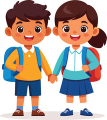 Obraz premium Simple flat cartoon happy diverse boy and girl students holding hands, back to school friendship concept