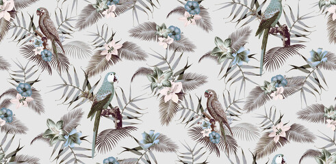 Diseño tropical con loros y follaje