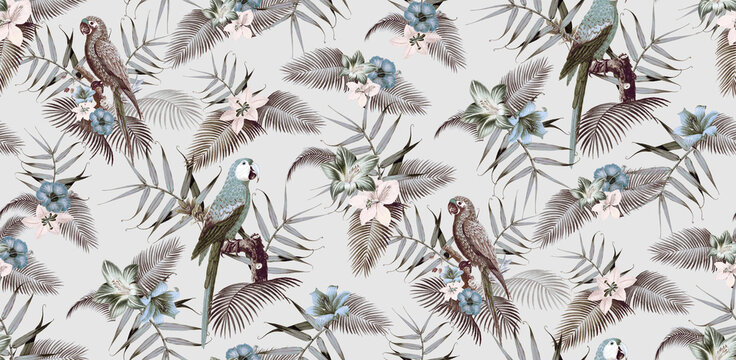 Dise&ntilde;o tropical con loros y follaje