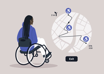 Navigating through a city, a person in a wheelchair studies a detailed map highlighting accessible paths and estimated travel times, ensuring a smooth journey