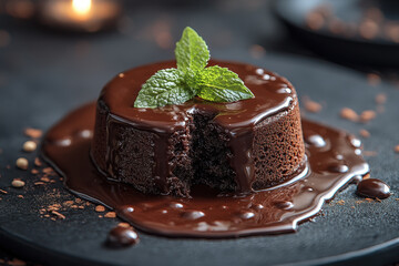 Chocolate cake drizzled with sauce, garnished with mint leaves.
