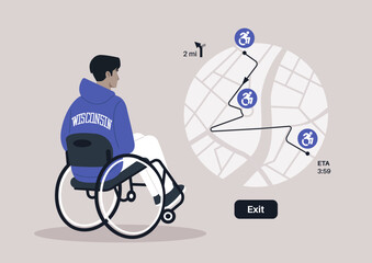Navigating through a city, a person in a wheelchair studies a detailed map highlighting accessible paths and estimated travel times, ensuring a smooth journey