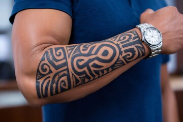 Man showing polynesian tattoo on forearm