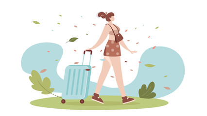 Woman walking with suitcase in a windy scene with leaves blowing around her in an outdoor setting