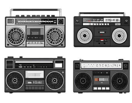 Retro cassette and boom box vector pack, transparent background
