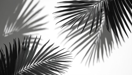Obraz premium Black and white illustration of palm leaves creating shadow patterns on a white background. Minimalist tropical design showcasing nature delicate lines and shade play.