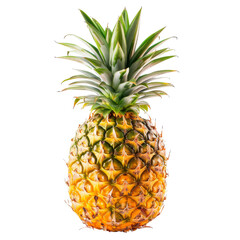 A whole pineapple, vibrant yellow-gold skin, displays a crown of bright green leaves