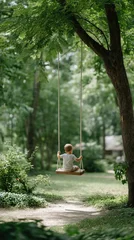 Tissu par mètre  Happy child with curly blonde hair enjoying a summer day on a swing at the park during school vacation  © pvl0707