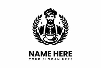 Distinguished Barista Holding Coffee Cup Surrounded by Laurel Wreath Emblem.