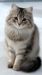 Obraz premium Fluffy cat enjoying winter in the snow, highlighting its soft fur and playful nature while sitting calmly in a snowy environment