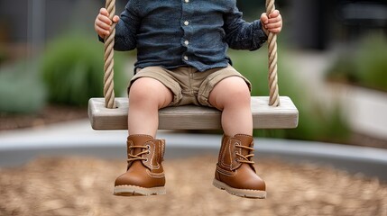Close-up of a young boy's feet on a swing in a garden setting, showcasing playful moment in a vibrant atmosphere with feminine color tones