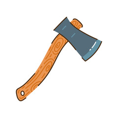 Axe vector icon. Tool with steel sharp blade, wooden handle. Equipment for cutting trees. Instrument for firefighters, lumberjacks. Hand drawn illustration, flat cartoon doodle. Isolated color clipart