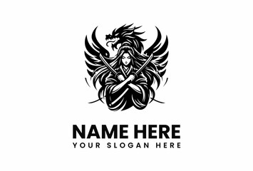 DragonWinged Warrior with Crossed Swords Fierce and Ready for Battle.