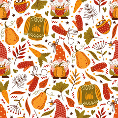Autumn seamless vector pattern. Funny gnomes with beards hold pumpkins, mugs of cocoa. Knitted sweater, mittens, harvest of garden vegetables, colorful leaves. Background for Thanksgiving, fall party