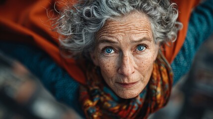 Elderly superhero woman soaring gracefully above a bustling city