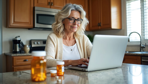 Middle-aged Hispanic woman researches medications on laptop in kitchen. Bottles of prescription drugs sit on counter. Looks at computer with concerned expression, possibly researching side effects