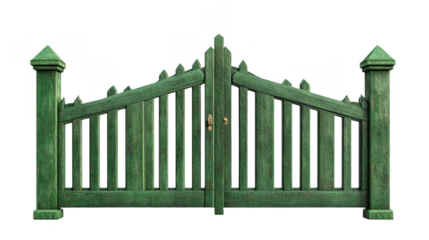 A striking green wooden gate features decorative pointed tips and sturdy double doors, creating an inviting entryway
