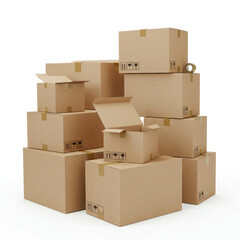 Stacked Cardboard Boxes for Shipping and Storage on White Background