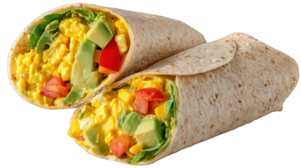 Scrambled egg avocado tomato lettuce and cheese breakfast wrap cut in half showing fresh colorful filling healthy and appetizing meal perfect for morning energy