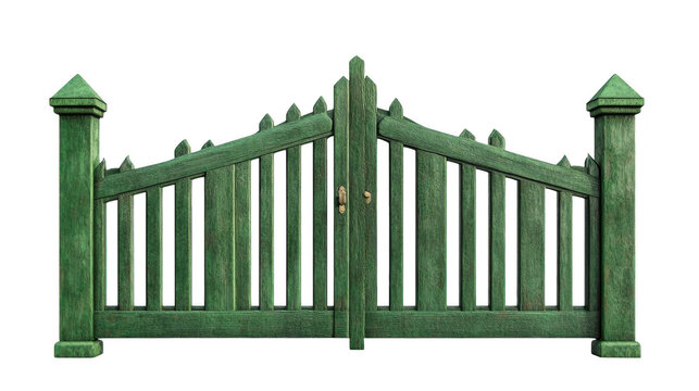 A striking green wooden gate features decorative pointed tips and sturdy double doors, creating an inviting entryway