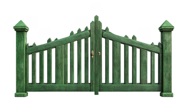 A striking green wooden gate features decorative pointed tips and sturdy double doors, creating an inviting entryway