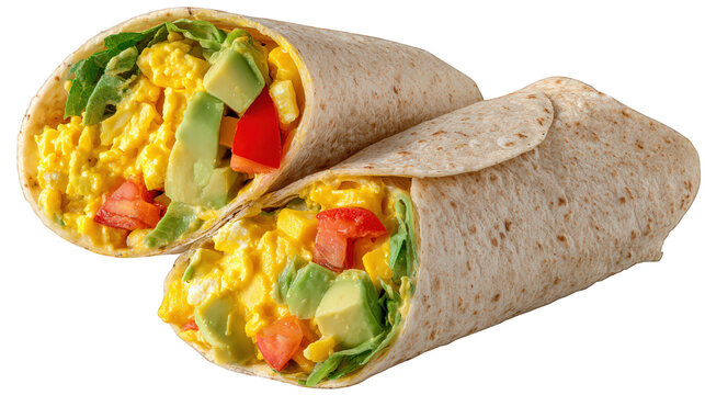 Scrambled egg avocado tomato lettuce and cheese breakfast wrap cut in half showing fresh colorful filling healthy and appetizing meal perfect for morning energy
