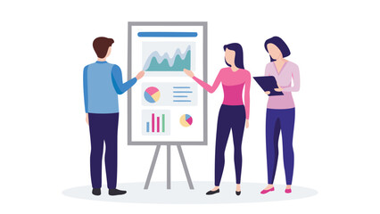 Presentation with team members discussing charts and graphs on a whiteboard display board together