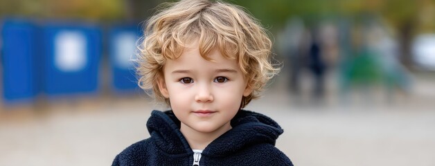 Happy child enjoys swinging on colorful playground equipment on a rainy summer day during family vacation in the park