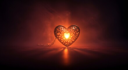Ornate heart pendant glowing with warm light against a dark and smoky background creating a romantic scene
