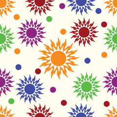 A lively pattern featuring vibrant suns in various colors&mdash;orange, purple, blue, and green&mdash;interspersed with colorful dots against a light background. 