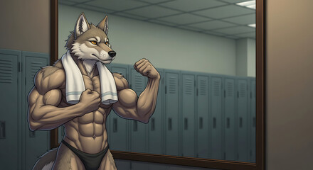 A powerful muscle wolf cartoon bodybuilder flexing his impressive bicep physique in a gym locker room mirror after a workout.