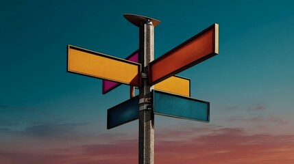 Colorful Stylized Direction Signpost against Vibrant Gradient Sky Representing Choices and Navigation in Modern Conceptual Design