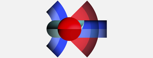 Fototapeta premium Abstract graphic design features red, blue shapes around central sphere. Minimalist composition with gradient effects, clean lines.