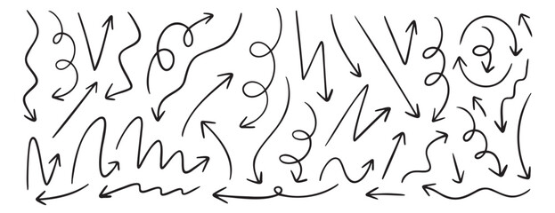 simple doodle hand drawn arrow set, thin black vector
