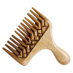 Ornate wooden hair comb with intricate carved details and a comfortable handle isolated on transparent background