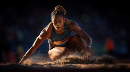 Female athlete landing in sand pit during long jump at sports event in arena