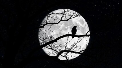 Crow silhouette perched on a branch before a full moon against a starry night sky - Powered by Adobe