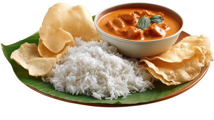 Rice, curry, and crispy papad served on banana leaf create traditional South Indian meal, offering vibrant and appetizing presentation with aromatic flavors