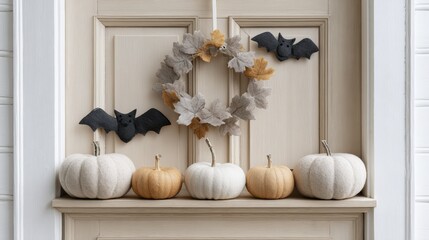 Elegant halloween door display with pumpkins, bats, and autumn wreath