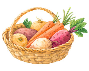 Wholesome Organic Root Vegetables Freshly Harvested in a Woven Basket A Beautiful Watercolor Illustration