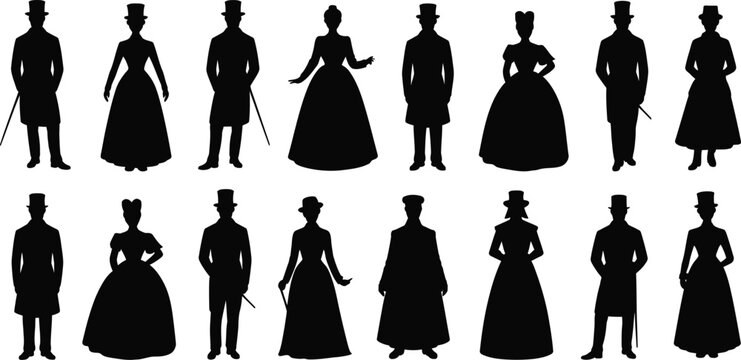Historical people silhouettes. Vector collection of vintage men and women in formal attire. Gentlemen in top hats and ladies in elegant ballgowns.
