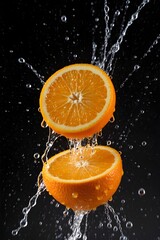 Orange sliced in half with juice splashing in mid-air, on black background . orange in water